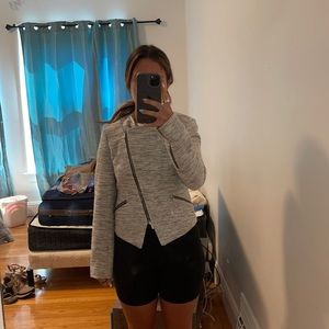 Draped Front Puff Sleeve Boucle Blazer